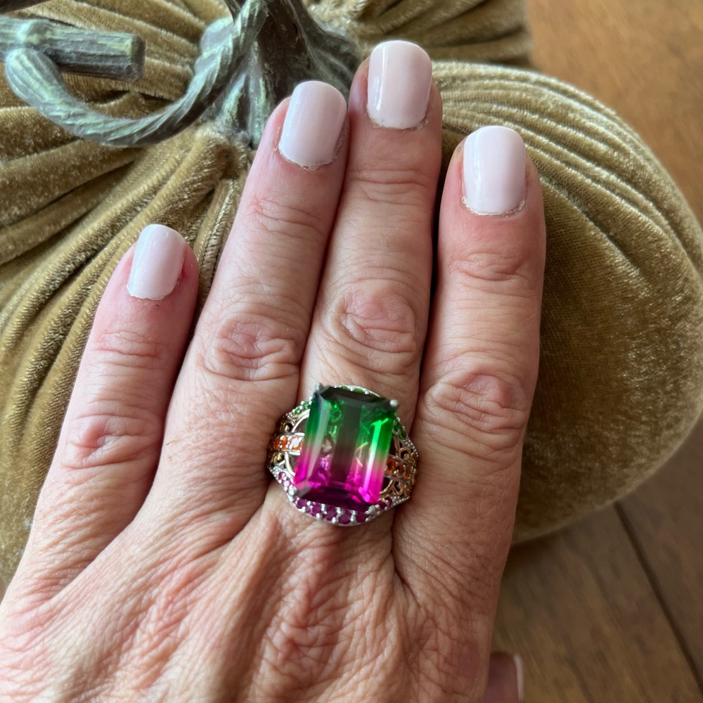🍉 Emerald Cut Watermelon Quartz Ring 😍